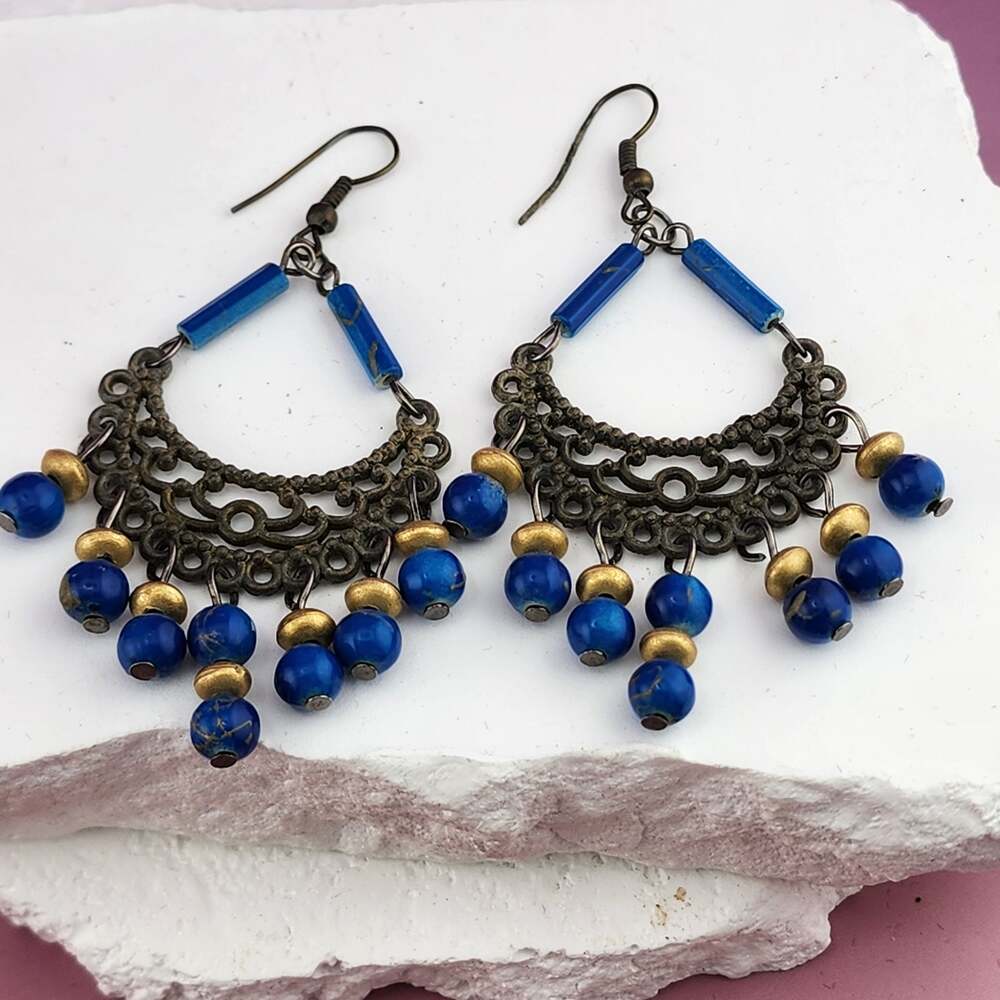 Blue Bead Chandelier Earrings Bronze Tone Filigree Fringe Boho Statement Pair